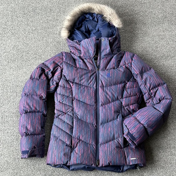 Salomon Jackets & Blazers - Salomon Jacket Womens Small Purple Stripe Down Puffer Hooded Ski Coat Insulated